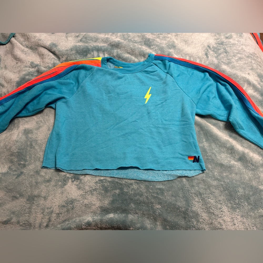 Aviator Nation CROPPED CREW SWEATSHIRT - OCEAN // NEON STRIPES Size Medium